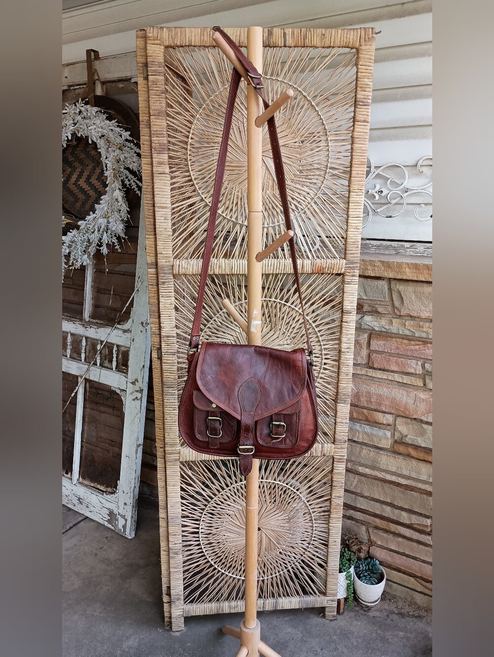 Leather Saddle Crossbody Handmade Bag in Distressed Brown